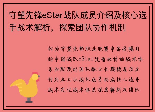 守望先锋eStar战队成员介绍及核心选手战术解析，探索团队协作机制